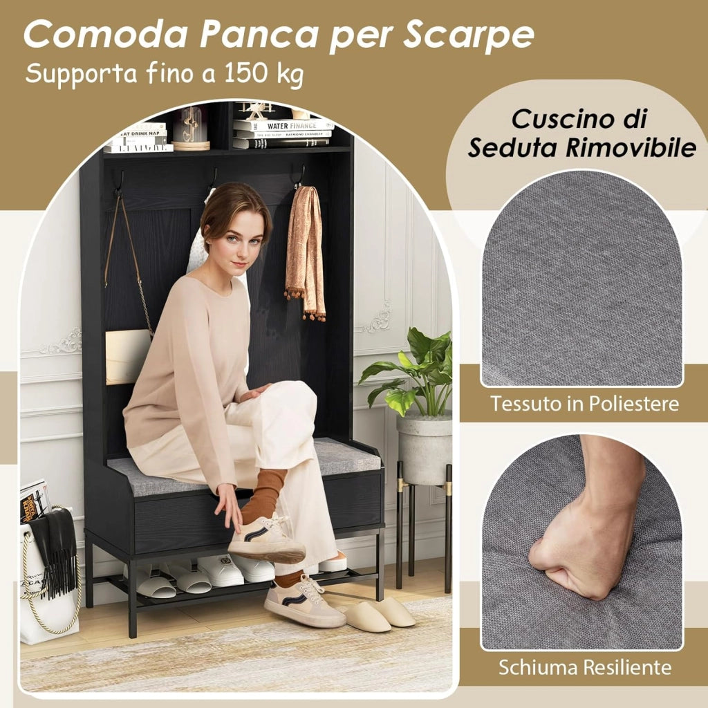 4 in 1 Appendiabiti da Ingresso, Armadio con Appendiabiti Multifunzionale, con Panca Cuscino e Ganci, Panchina per Ingresso, 90 x 38,5 x 170 cm (Nero)