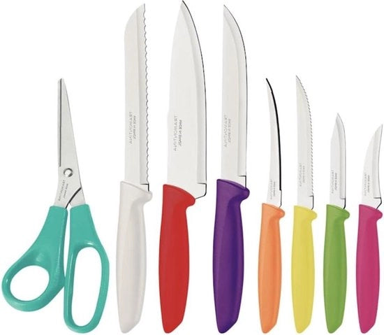 Set di coltelli da cucina da 8 pezzi - Coltello a lama liscia per pomodoro, coltello a lama affilata per pane, coltello da chef, coltello da steak, coltello a lama dentata per carne, coltello da verdura
