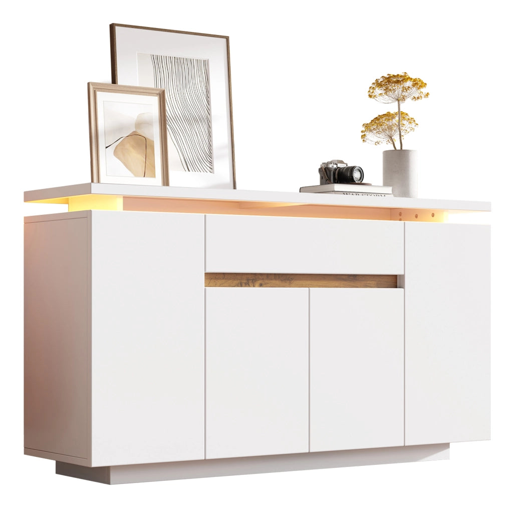 Credenza con illuminazione LED; 1 cassetto e 4 ante; 140x40x80 cm; bianca