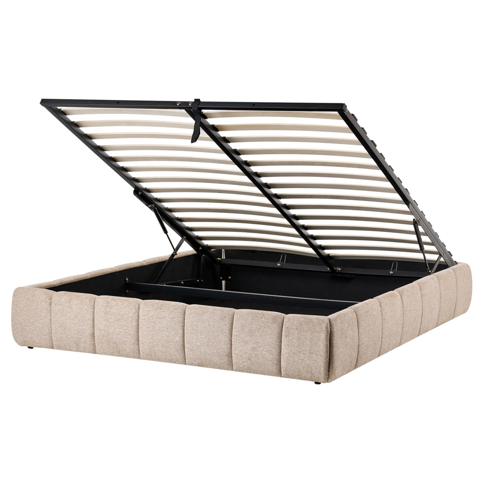 Letto matrimoniale in tessuto beige imbottita, con contenitore e panca 160x200 cm design moderno
