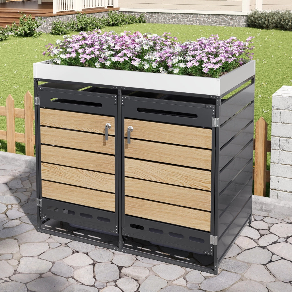 Armadio contenitore da giardino con fioriera box a 2 scomparti in ferro nero con serratura e aerazione