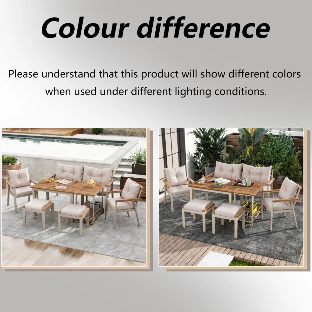 Set da pranzo per esterni da 6-7 posti in legno di acacia e metallo beige con carrello rimovibile per giardino