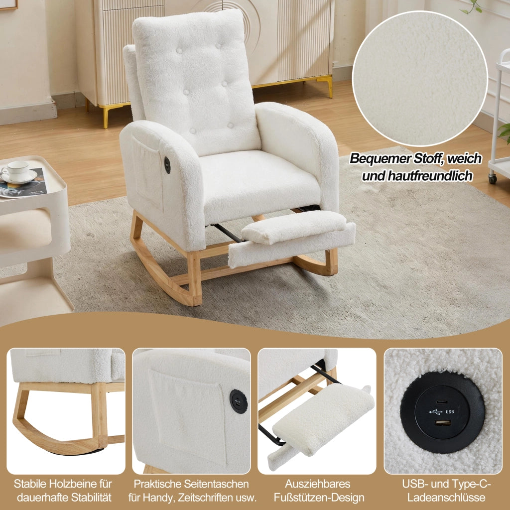 Poltrona a dondolo con poggiapiedi estraibile, tasche laterali e porte USB e USB-C in bouclé bianco