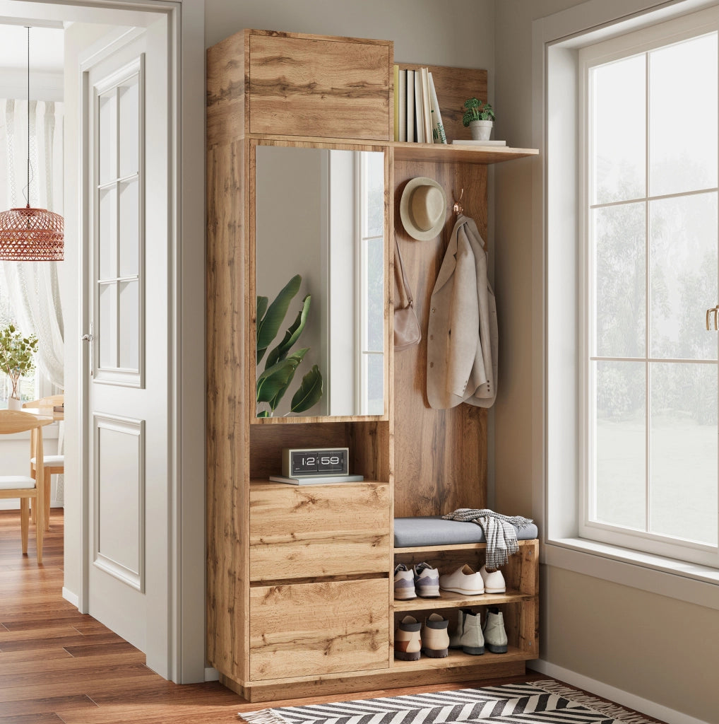 Mobile ingresso 5 in 1 con specchio; scarpiera; cassetti e panca; MDF naturale