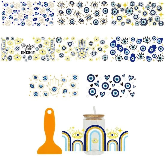 Etichette trasferibili per vetro - 9 pezzi - Impermeabili - Envelope DTF UV - Materiale PET - 23 x 11 cm - Per decorazione di vetro - Etichette decorativi