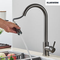 JANA | Rubinetto da cucina estensibile Premium in acciaio inox grigio titanio miscelatore arco alto | alta pressione ruotabile a 360° 2 attacchi