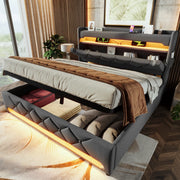 OKWISH Letto Contenitore 180×200 cm, Letto Matrimoniale con USB, Tipo C, LED Regolabile e Testiera con Contenitore, senza Materasso, Lino, Grigio