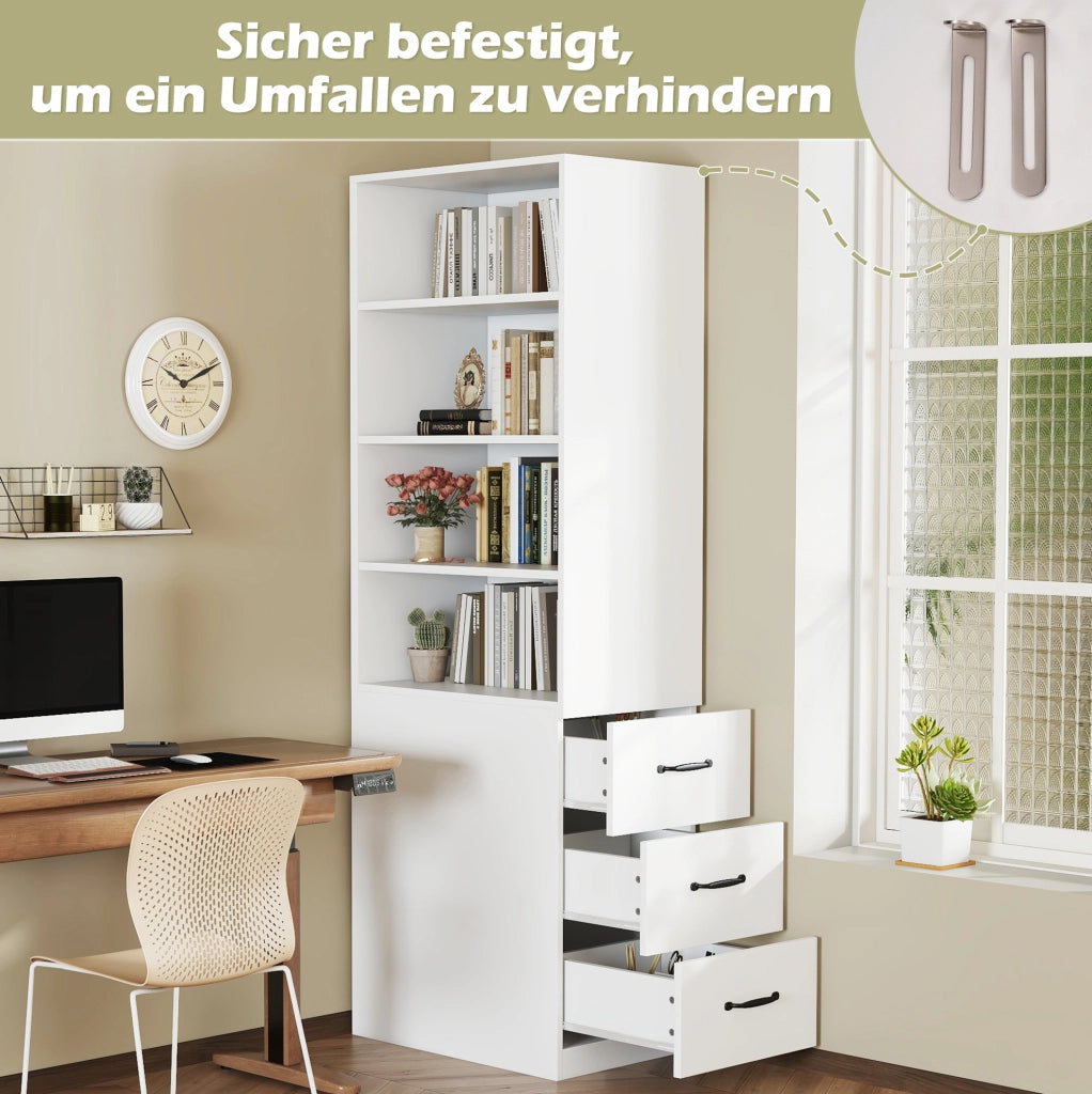 Libreria stretta alta 180 cm con cassetti laterali; bianco
