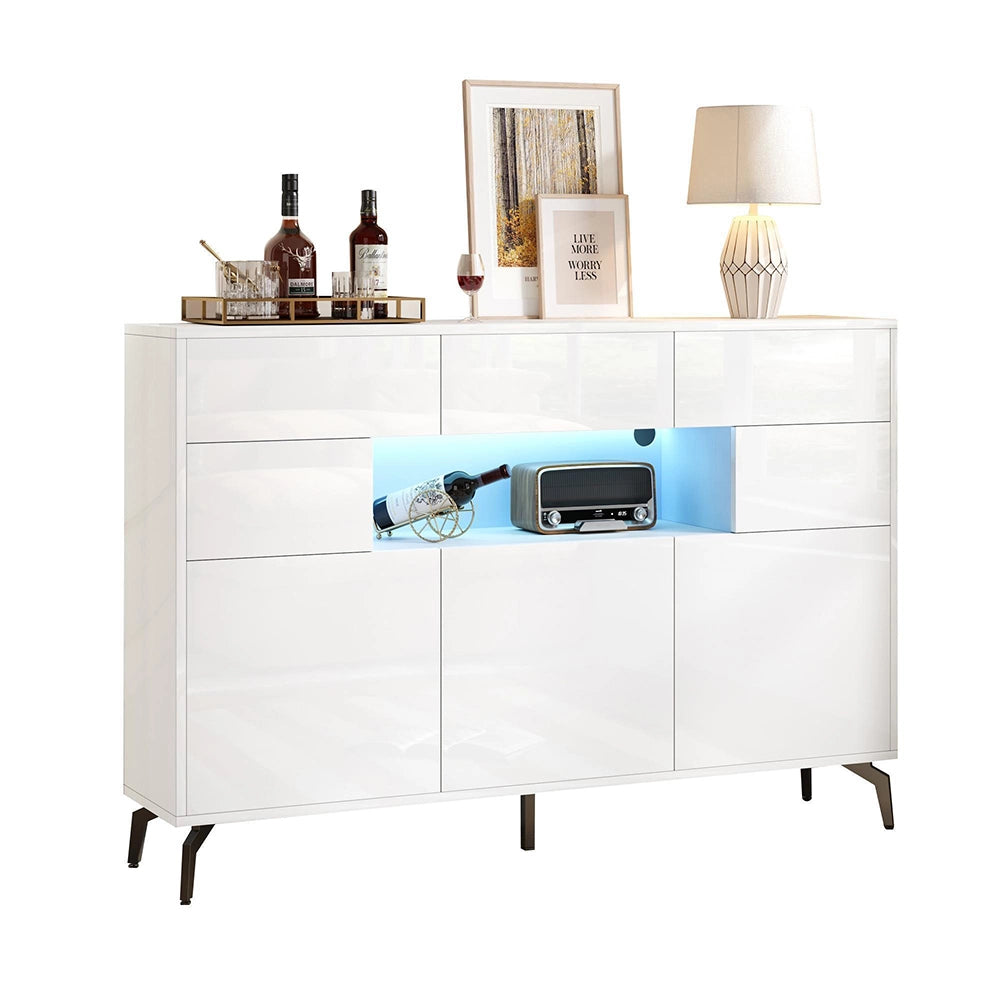 Credenza Soggiorno 140x30x94cm - Xylo - Lucida con 3 Cassetti e Luci LED, Colore Bianco