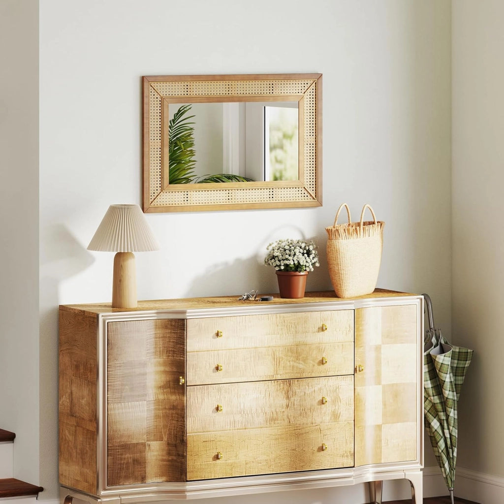 Specchio Rattan 90x60 cm, Decorativo Rettangolare con Cornice Legno, per Bagno/Soggiorno/Ingresso - Verticale/Orizzontale