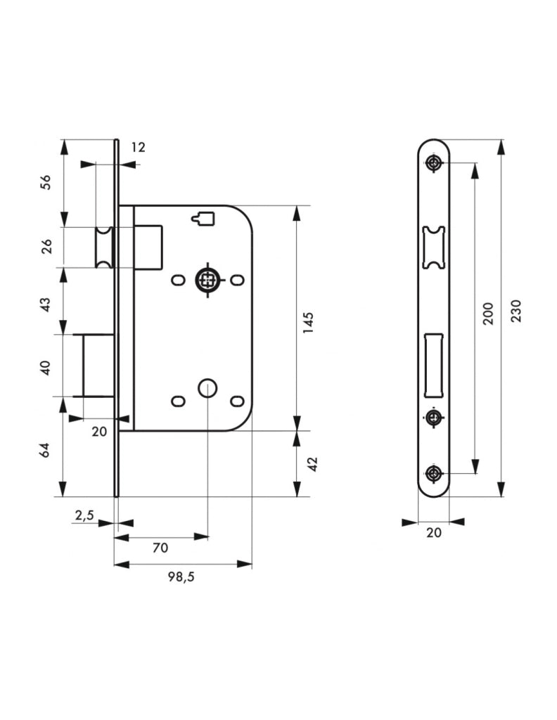 Serratura da incasso con scrocco, asse 70 mm, frontale in ottone satinato – THIRARD