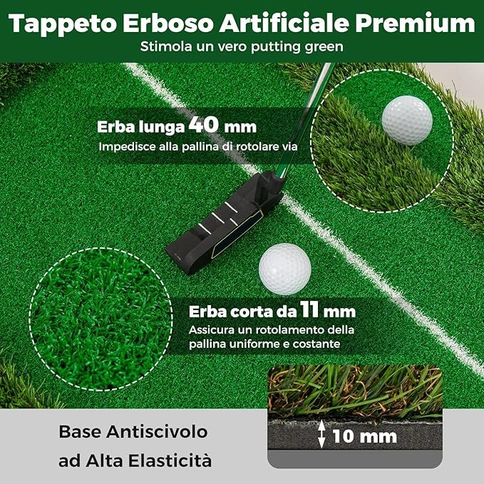Putting Green, Tappetino da Interno ed Esterno con Erba Sintetica, 3 Palline da Golf e 2 Dimensioni di Buche, Tappetino da Golf per Casa, Ufficio e Giardino, 300 x 50 cm