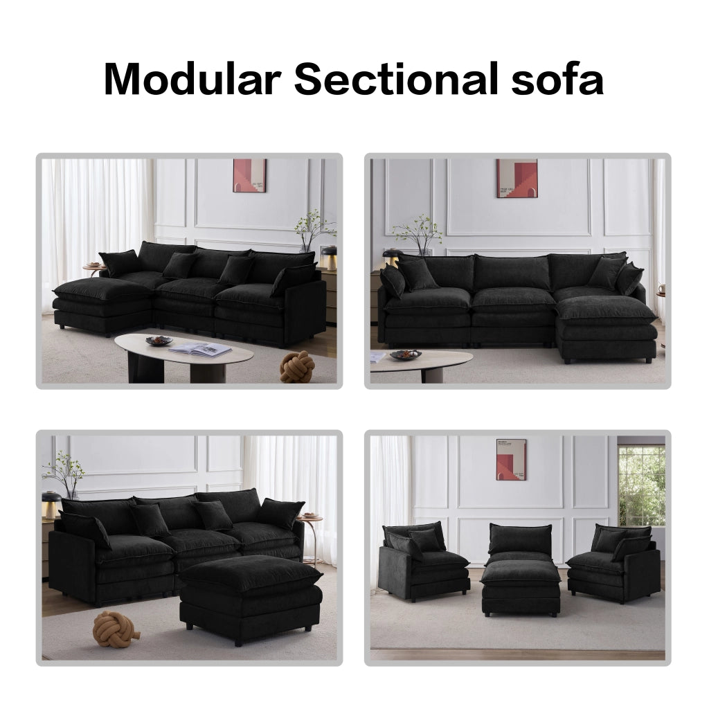 Divano angolare modulare 3 posti con pouf mobile chaise longue e rivestimento sfoderabile in chenille nero