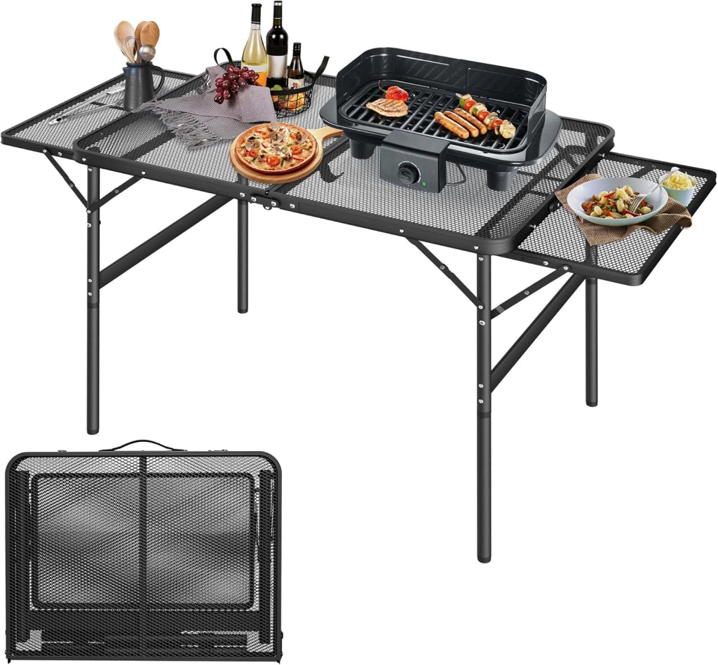 Tavolo da campeggio pieghevole, regolabile in altezza, da giardino, da balcone, da campeggio, con prolunghe, in metallo, per feste, pieghevole, resistente alle intemperie, 90 x 60 cm