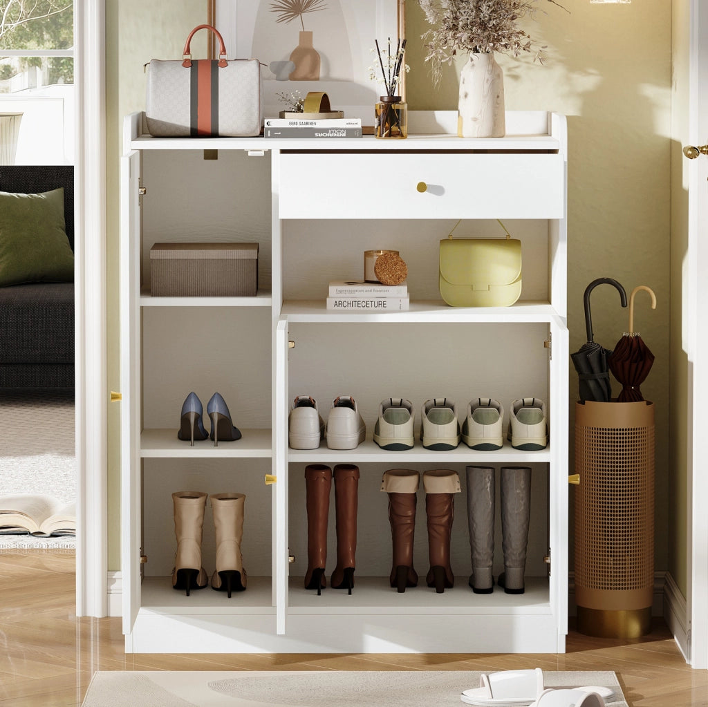 Mobile portascarpe in rattan con 3 ante e ripiani regolabili 90x35x110 cm; bianco e naturale