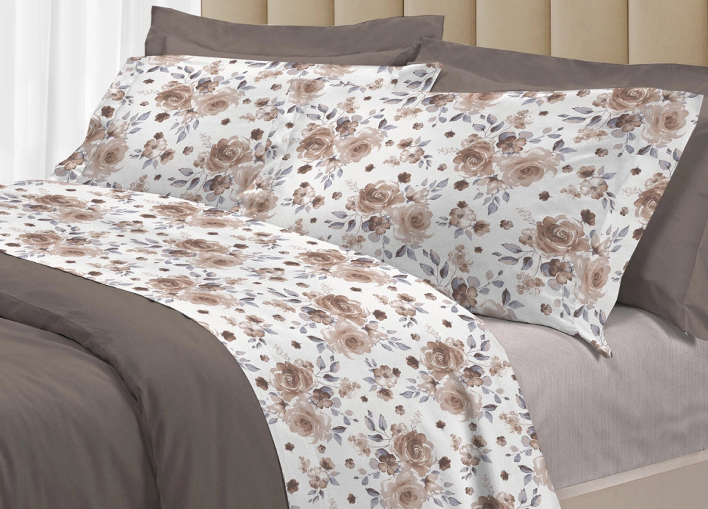 Completo Lenzuola Letto 100% Cotone Italy 3027 Disegno Rosa - Singolo - Beige