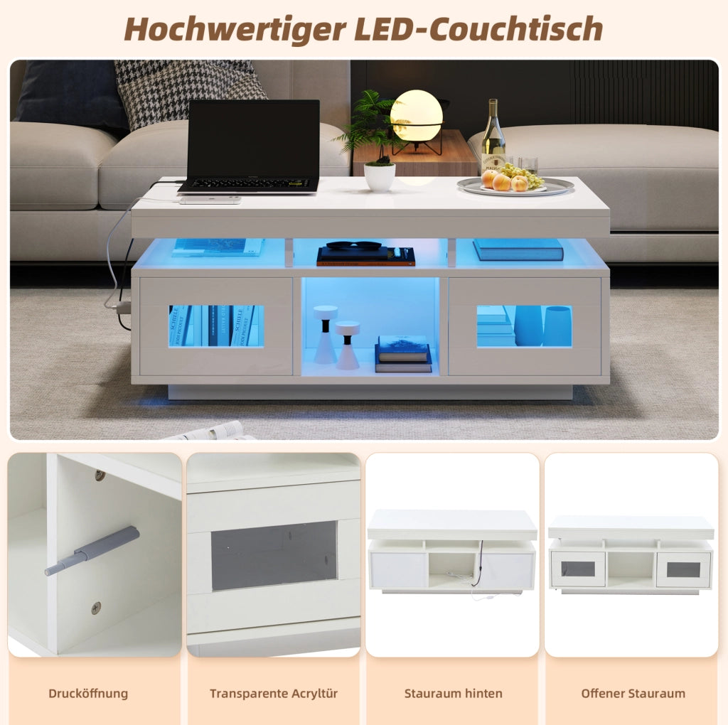 Tavolino da caffè bianco lucido 100 x 50 x 43 cm con LED, presa e USB