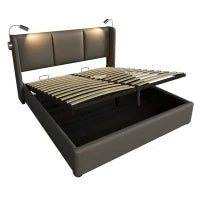 Letto Matrimoniale con Contenitore, Luci di Lettura e Funzione di Ricarica USB, Senza materasso, 140x200 cm, Grigio