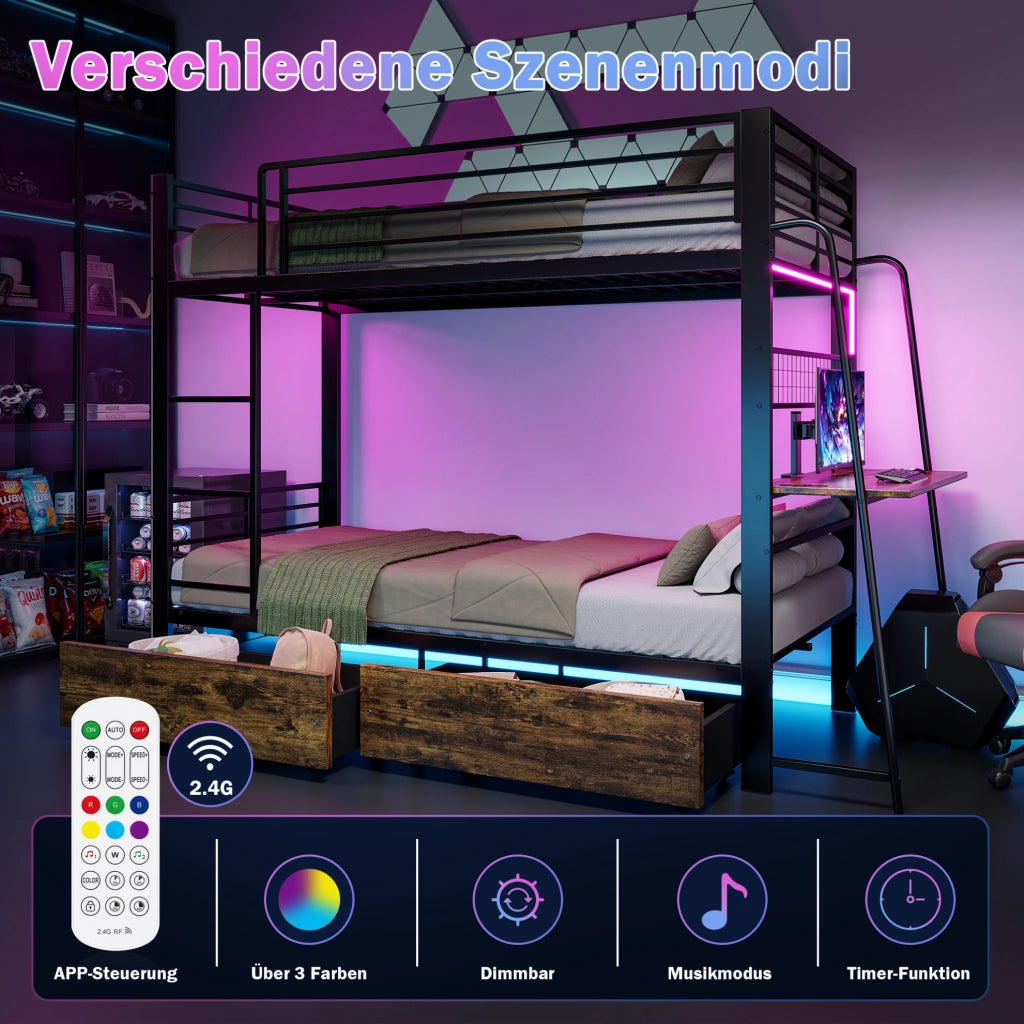 Letto a soppalco 90 x 200 cm con scrivania, LED e cassetti