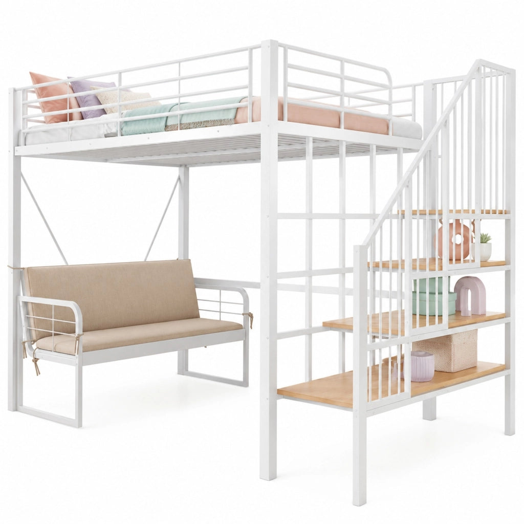 Letto a castello 140x200 cm con divano imbottito e scala contenitore