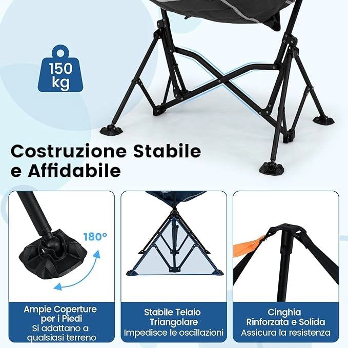 Sedia da Campeggio Amaca, Sedia a Dondolo Pieghevole con Portabicchieri, Schienale Regolabile, Poggiatesta, Sedile a Dondolo per Giardino, Patio, Prato, Portata 150 kg (Nero)