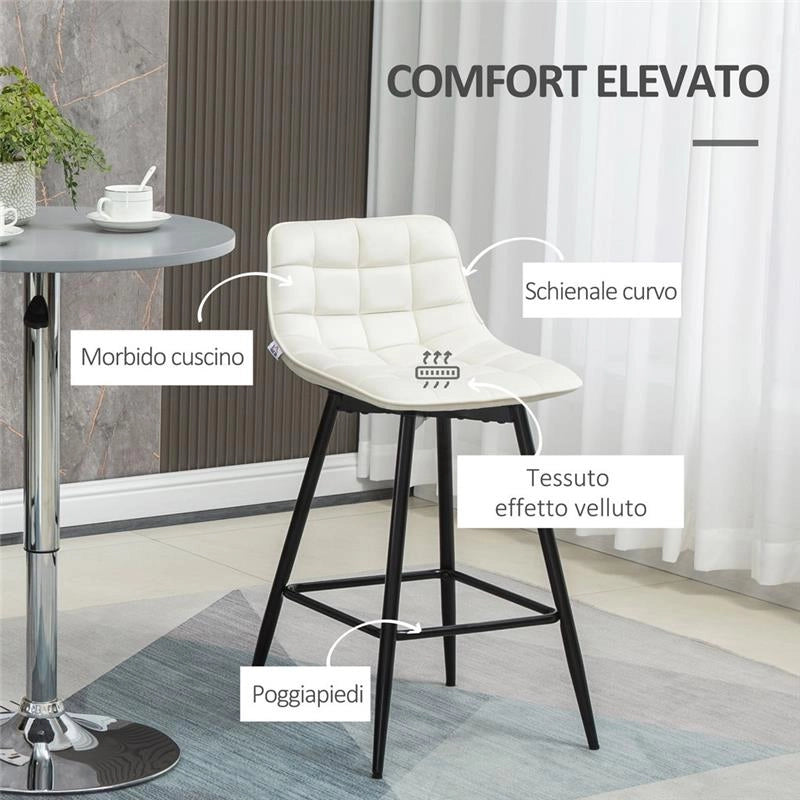 SET 2 SGABELLI DA BAR CON SCHIENALE E POGGIAPIEDI IN STILE NORDICO IN METALLO E VELLUTO, COLOR CREMA, 45X47X88 CM