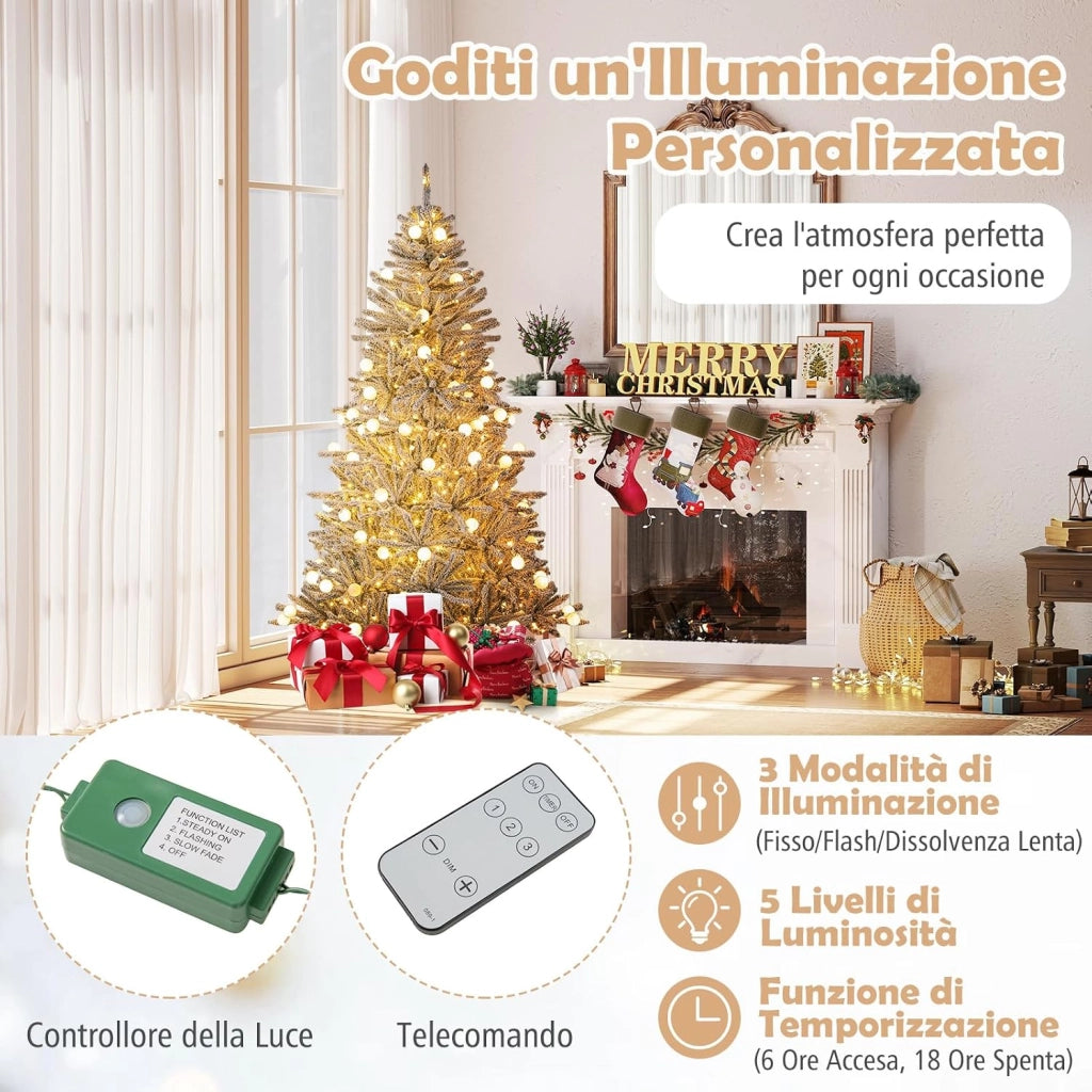 Albero di Natale Innevato 180/210cm, Albero di Natale Artificiale Pre-illuminato con 250/350 Luci LED Bianche Calde, 51/65 Sfere Luminose 637/1273 Rami, Telecomando e Timer (180 cm)