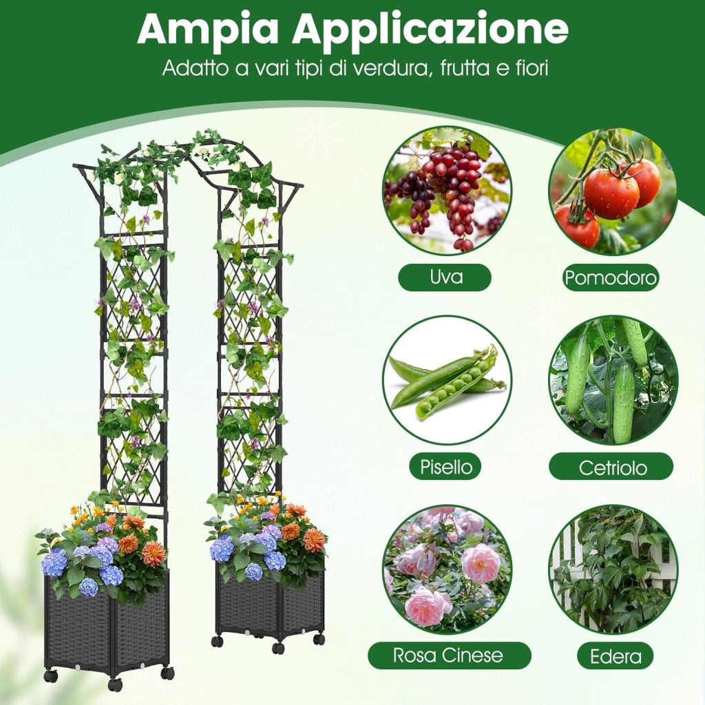 Arco da Giardino con 2 Fioriere Auto-irriganti e Ruote, Supporto per Piante in Metallo Rivestita PE Antiruggine, Grande Arco per Viti e Rose da Matrimonio all'Aperto (Grigio)