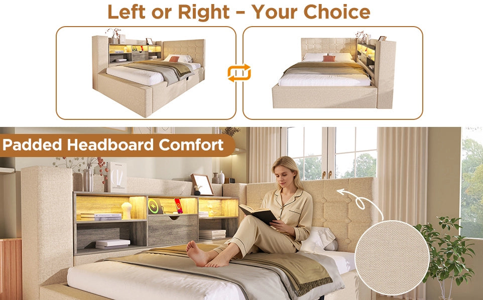 Letto imbottito 140x200 cm beige con LED, USB e materasso H3