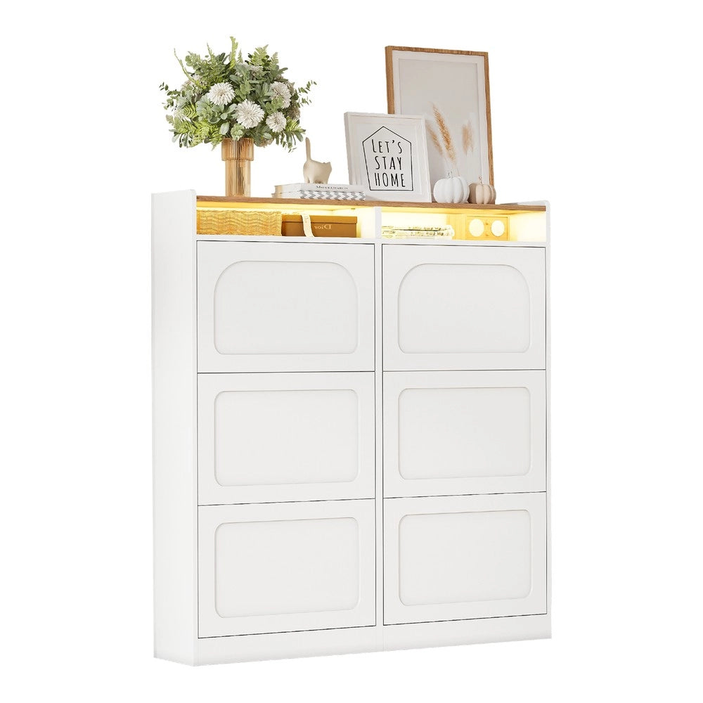 Scarpiera con Ante a Ribalta e LED ¨C MINIMAL ¨C Bianco/Rovere, 6 Scomparti, 120x130x24 cm