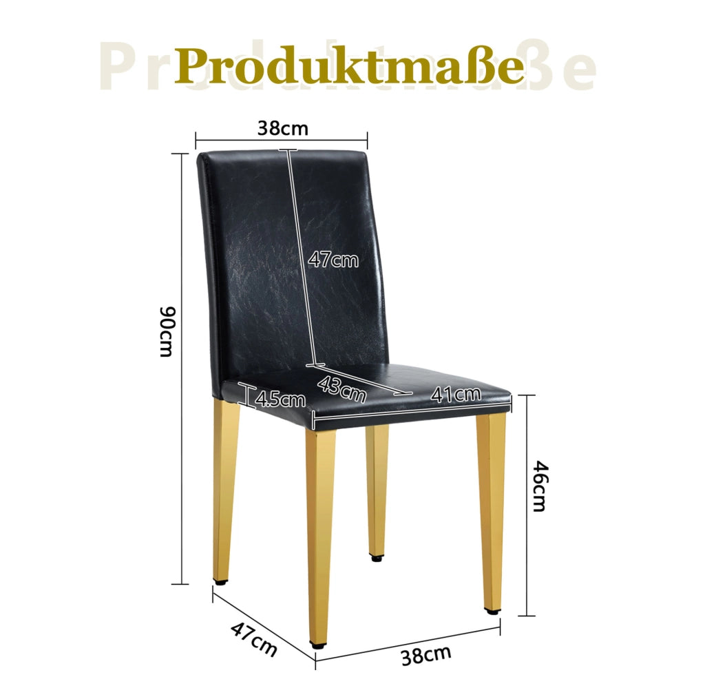 Set di 2 sedie da pranzo moderne in PU nero con gambe in metallo oro; 90 cm
