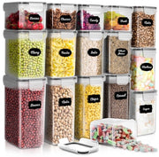 Set di contenitori a chiusura ermetica per alimenti - 16 contenitori con coperchi, contenitori in plastica trasparente per cucina per cereali, farina, pasta - con etichette e pennarelli