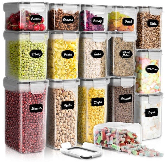 Set di contenitori a chiusura ermetica per alimenti - 16 contenitori con coperchi, contenitori in plastica trasparente per cucina per cereali, farina, pasta - con etichette e pennarelli