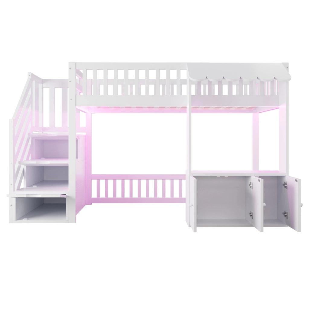 Letto a castello in legno 90x200 cm - Zephmum - Con armadio, scala, luci LED, design a gronda, bianco