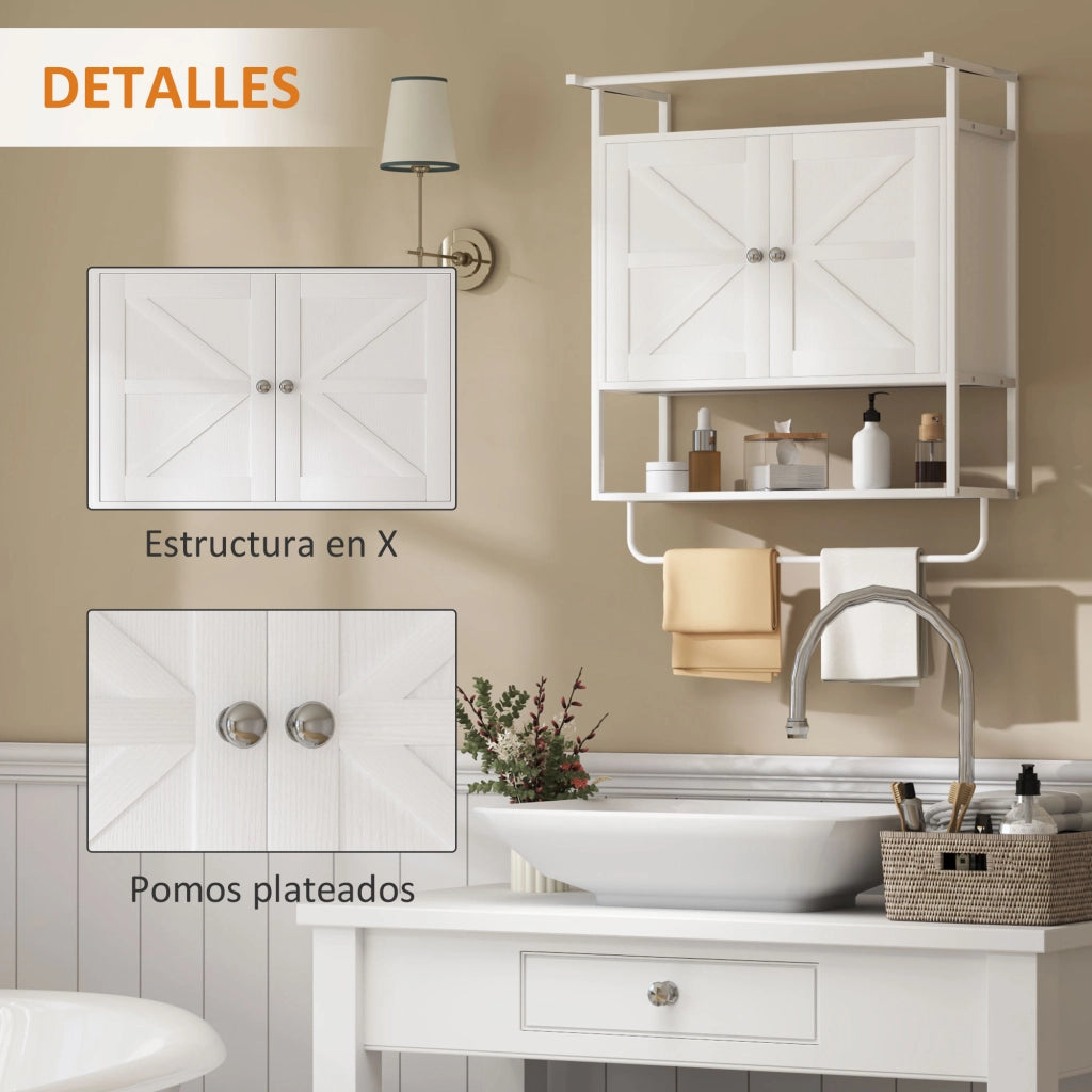 Armadietto Bagno Sospeso con Ante e Ripiano ¨C Zephmum ¨C Bianco 63x34x75 cm