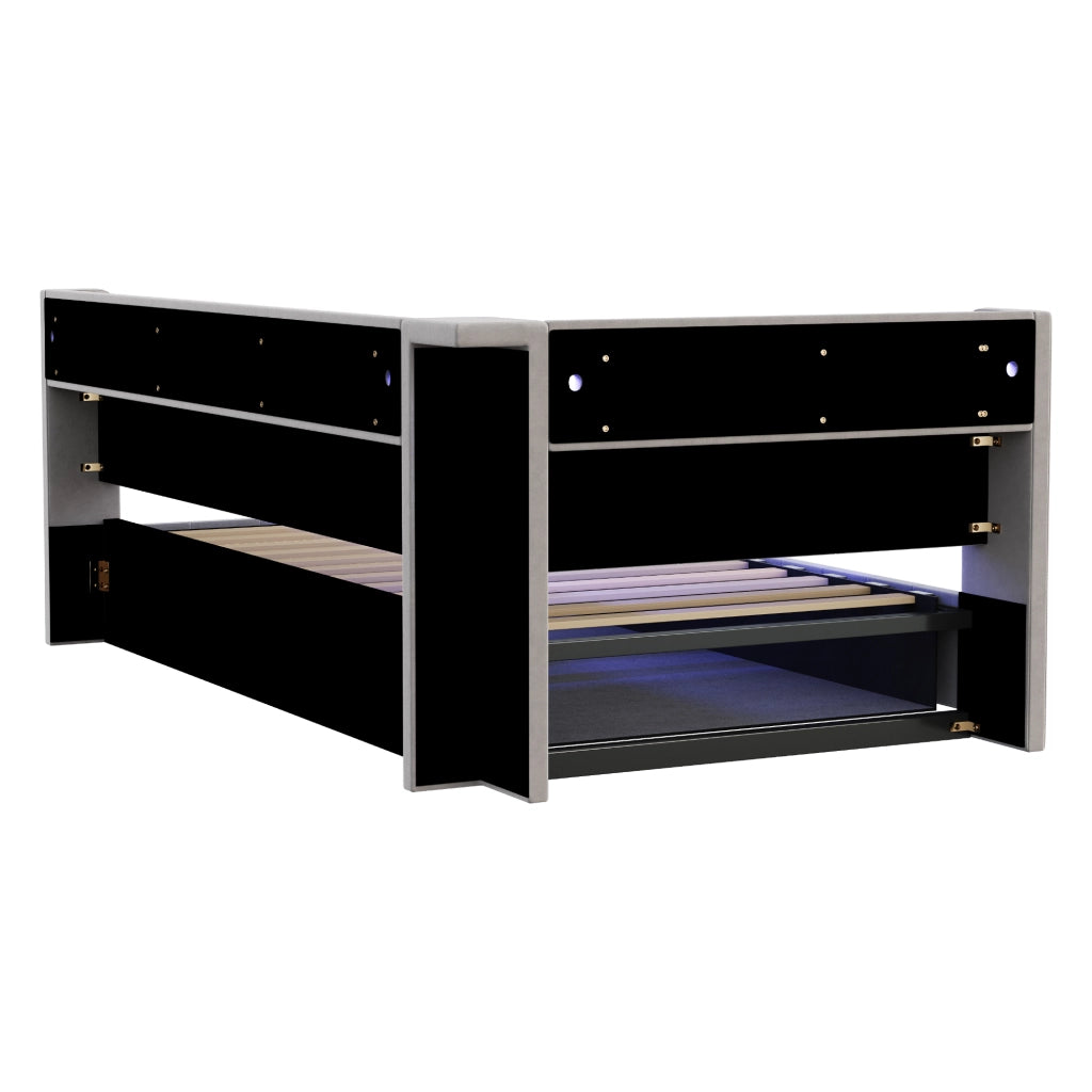 DESMIU Letto Contenitore 90 × 200 cm 1 posto con LED, USB, Type-C, ripiani e spazio contenitore, senza materasso, grigio chiaro