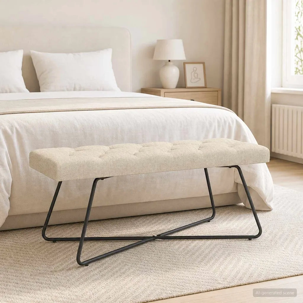 Panchina con bottoni imbottiti Crema 110 x 40 x 46 cm Tessuto 42038378