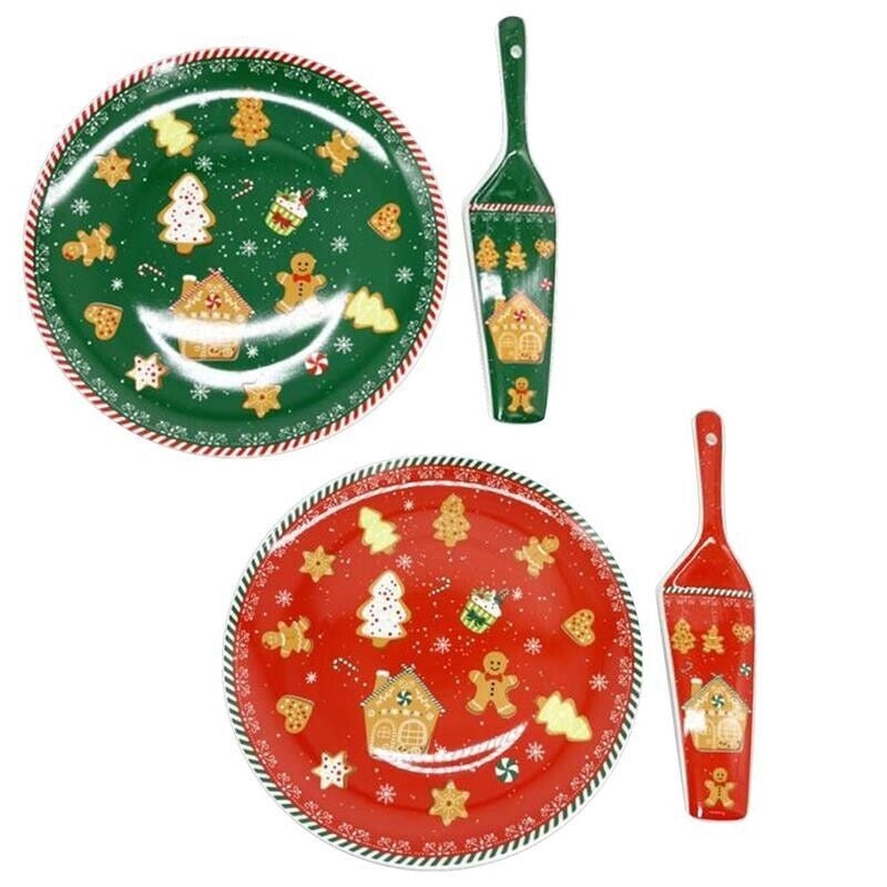 MA MAISON PIATTO DA PORTATA CON PALETTA 26 CM ROSSO O VERDE STILE NATALIZIO COOKIES ASSORTITO