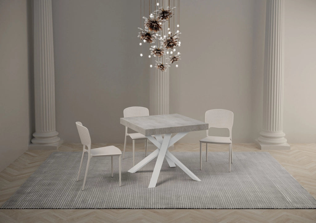 Tavolo allungabile 90x90/194 cm Clerko Premium Cemento gambe Bianche