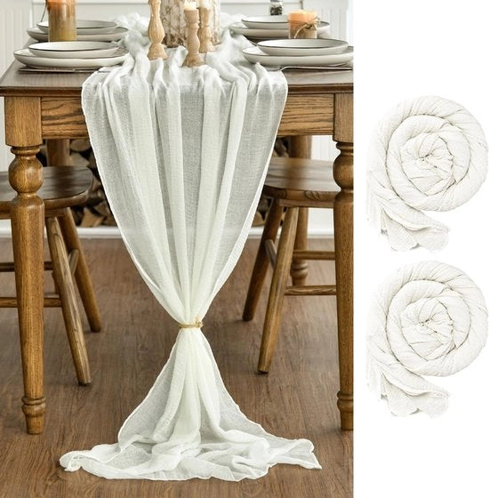 Tessuto di Gauze Boho in Ivoia 2 Pezzi Tavolo Decorativo 80x300 cm, Decorazione per la Cucina, Ideale per Vacanza, Matrimonio, Festa, Compleanno