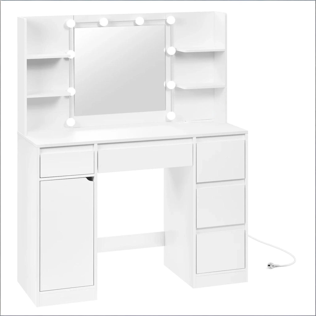 Toeletta con 5 cassetti; 4 ripiani aperti e armadio con anta; specchio e LED per camera da letto; 110×40×140 cm