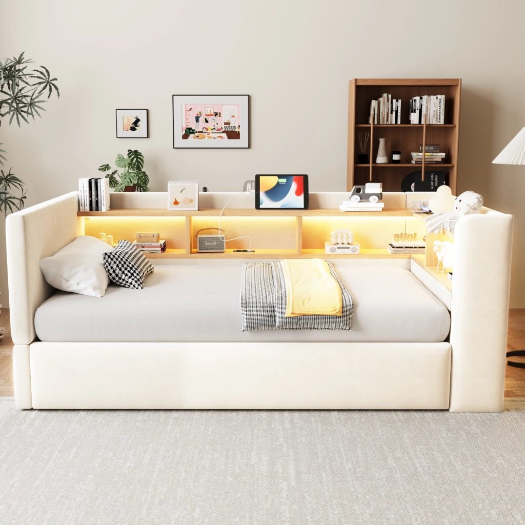 Letto imbottito trasformabile 90x190 cm con contenitore idraulico, LED, prese e rivestimento beige