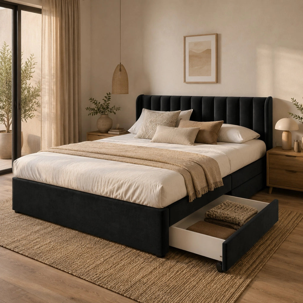 Letto imbottito in velluto nero 180x200 cm con rete a doghe, testiera alta e 2 cassetti