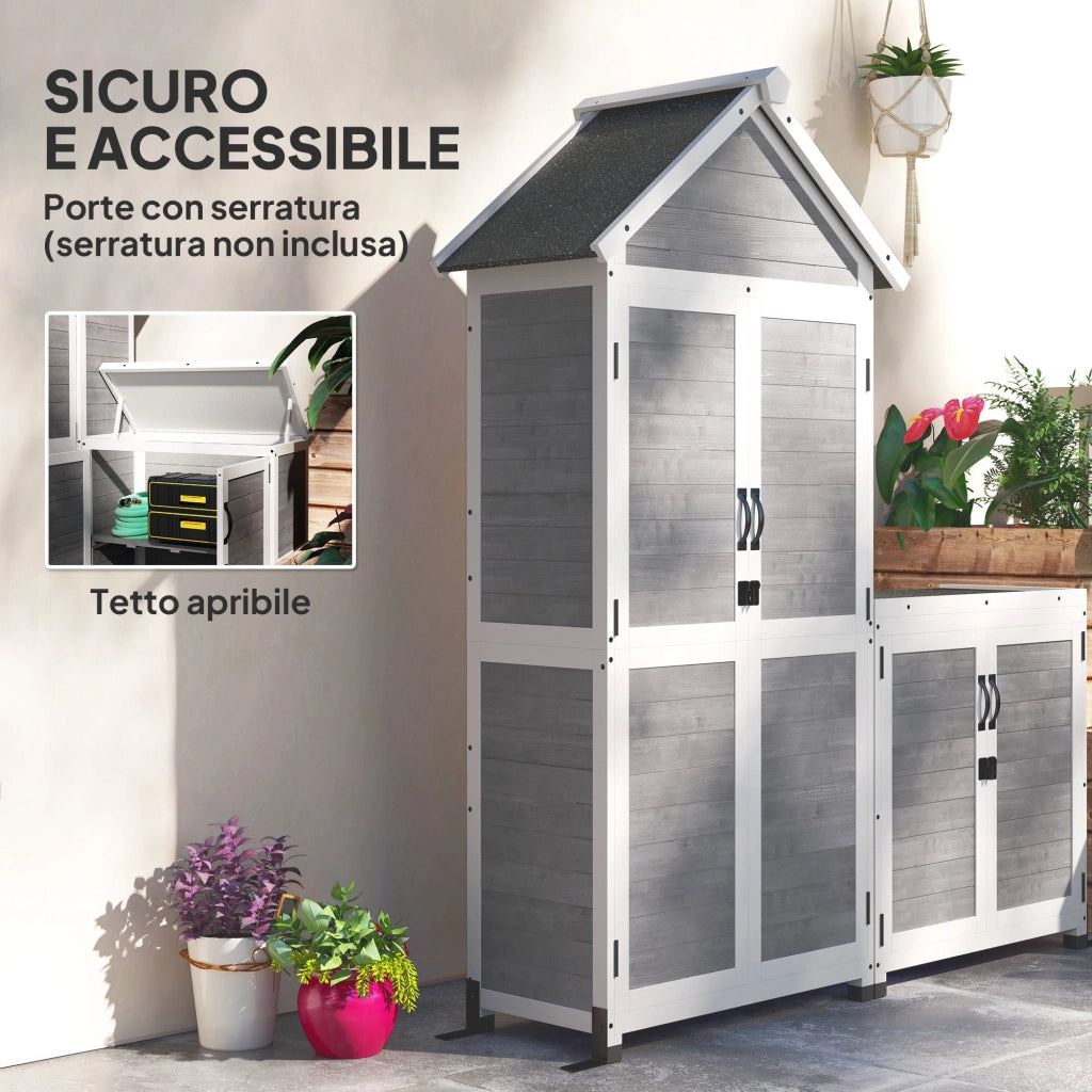 Set 2 Armadi Porta Attrezzi da Esterno Porte con Blocco in Legno di Abete Grigio Chiaro