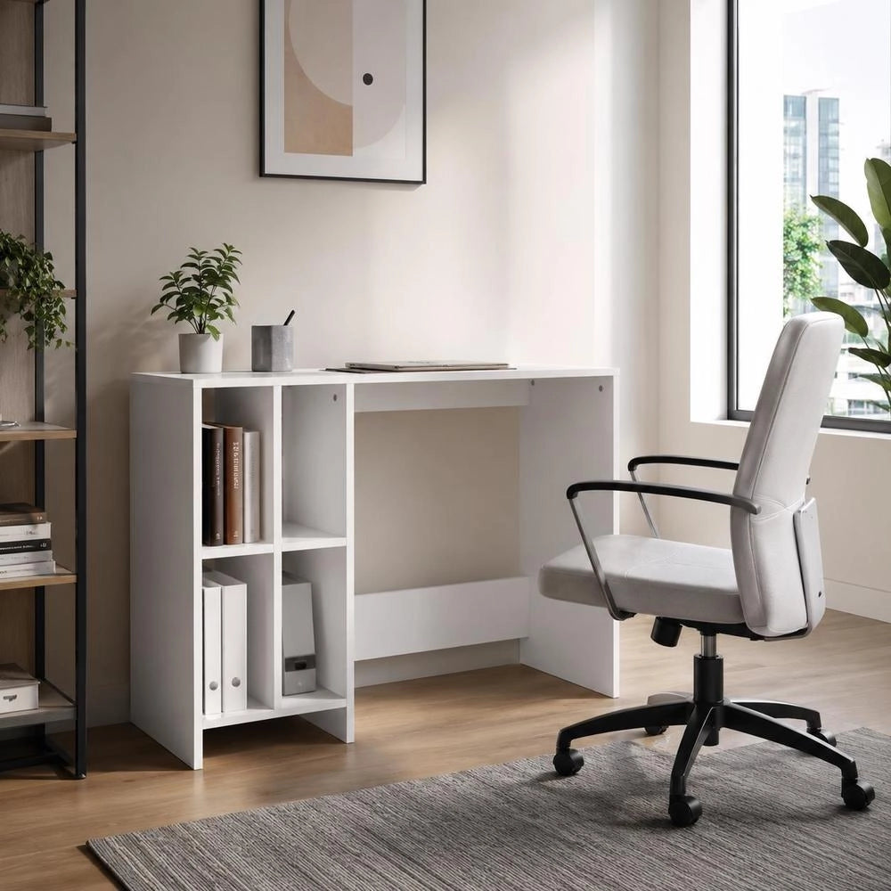 Modern White Computer Desk With Storage Shelves, Engineered Wood Home Office Writing Table, Easy Assembly Study Workstation, 102.5x35x75 Cm