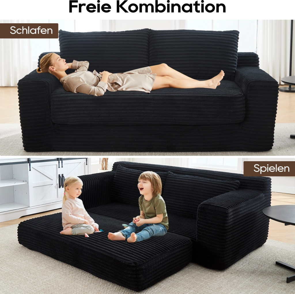 Canapé convertibile in tessuto con memory foam e funzione 2 in 1 senza montaggio per piccoli spazi compatto nero