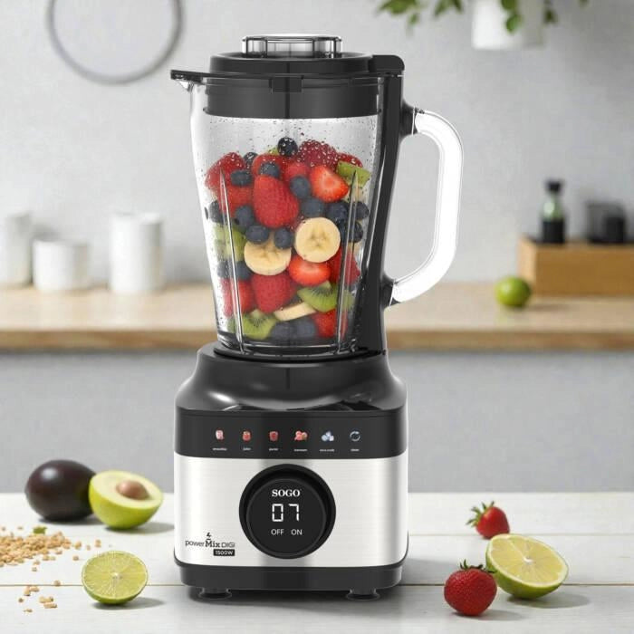 Frullatore con caraffa in vetro 1,5L, 1500W, 6 lame acciaio inox, display touch digitale, 6 programmi automatici - SOGO