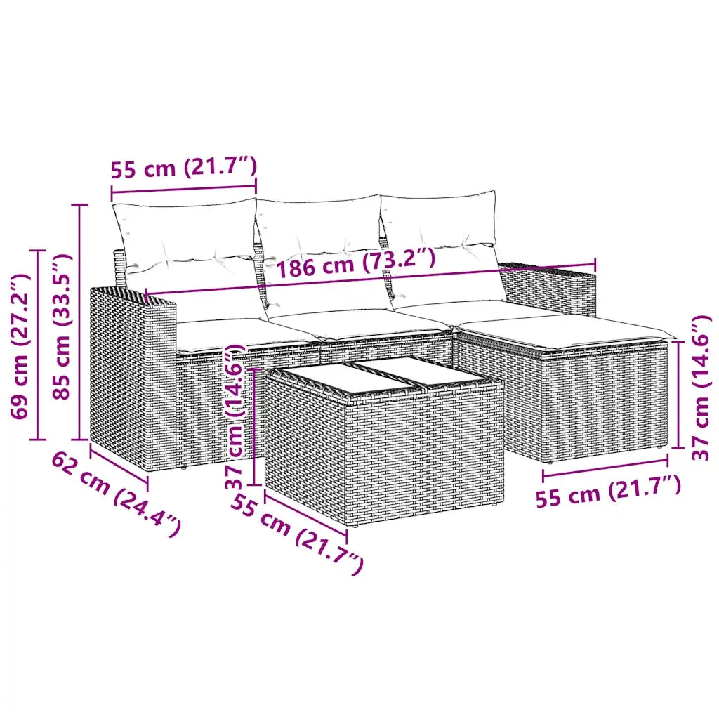 Salotto da Giardino-Set Divani da Giardino 5 pz con Cuscini in Polyrattan Nero 115745