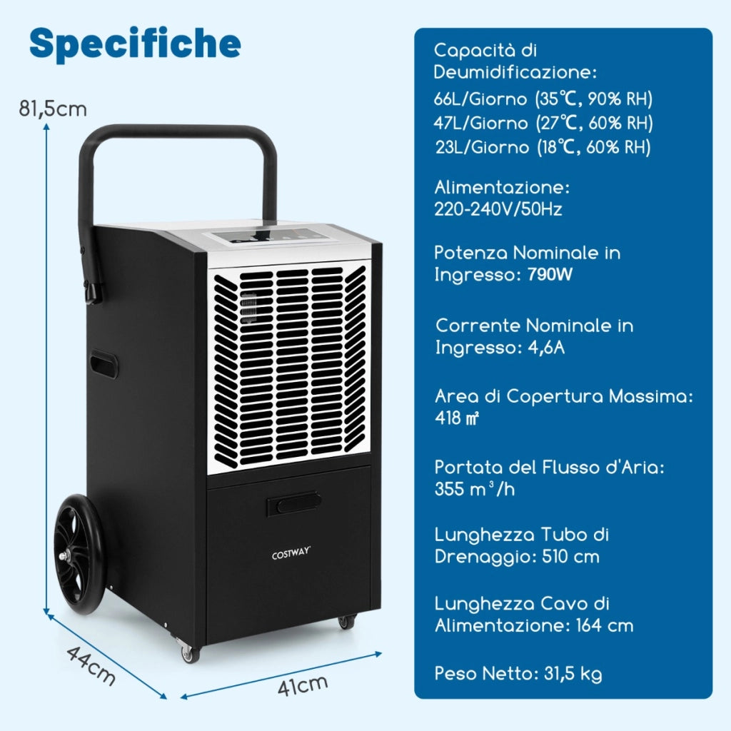 Deumidificatore commerciale da 66L/giorno, Deumidificatore con pompa e tubo di drenaggio timer 24h e 4 ruote Bianco-Condizionatori aria