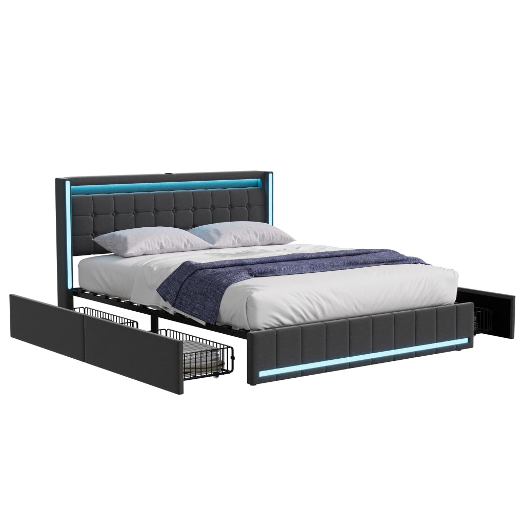 Letto 140x200 cm con 4 cassetti, LED e USB-C in lino grigio scuro